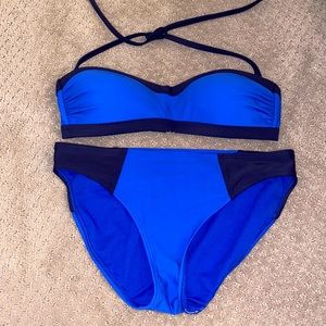 Black lined blue halter set